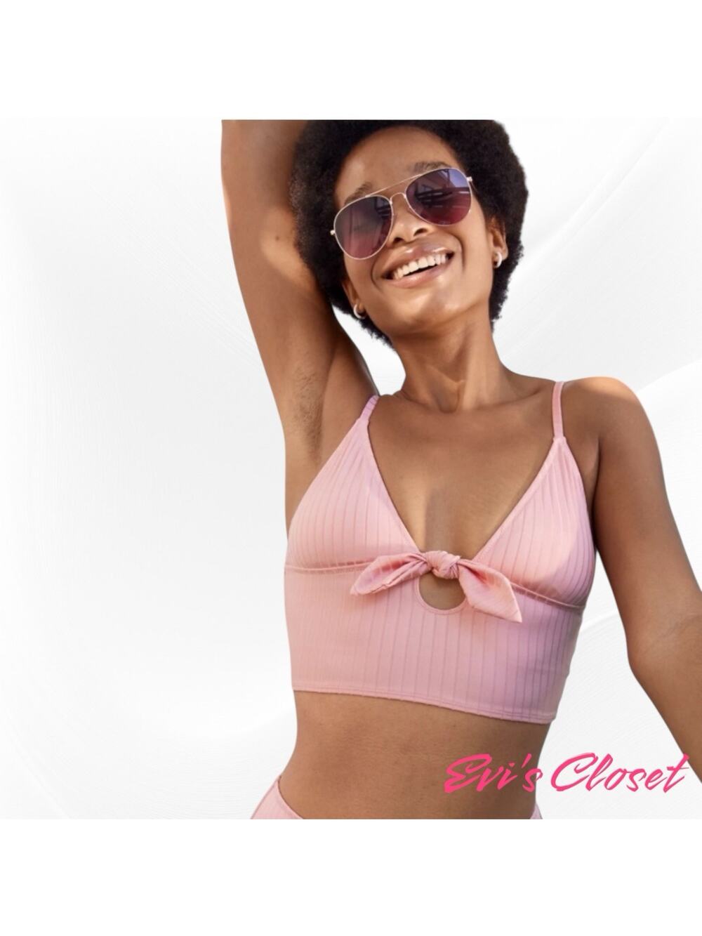 Aerie Women's Swim Wear Ribbed Bikini Top Brown Bow Shiny Cropped Sz S/P NWT